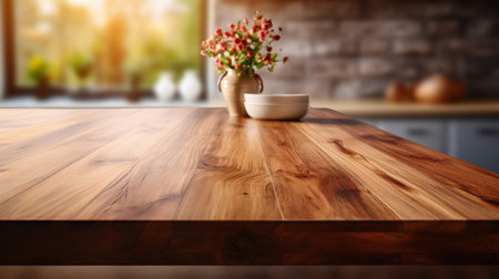 Wooden tabletop over defocused kitchen background , Generate Aiの素材