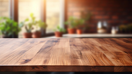 Wooden tabletop over defocused kitchen background , Generate Aiの素材