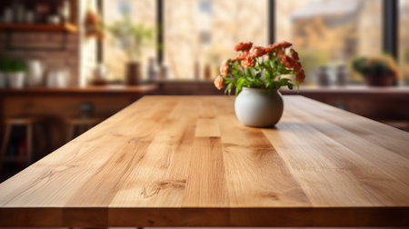 Wooden tabletop over defocused kitchen background , Generate Aiの素材