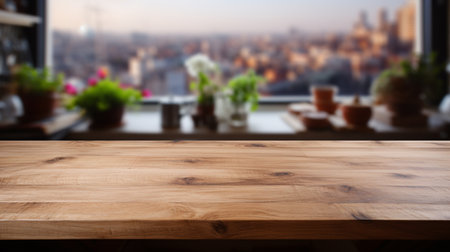 Wooden tabletop over defocused kitchen background , Generate Aiの素材