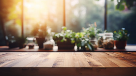 Wooden tabletop over defocused kitchen background , Generate Aiの素材