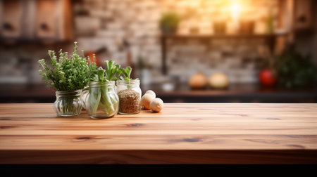 Wooden tabletop over defocused kitchen background , Generate Aiの素材