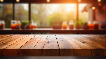Wooden tabletop over defocused kitchen background , Generate Aiの素材