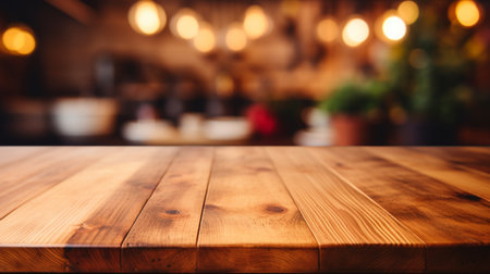 Wooden tabletop over defocused kitchen background , Generate Aiの素材