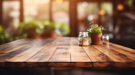 Wooden tabletop over defocused kitchen background , Generate Aiの素材