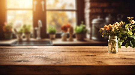 Wooden tabletop over defocused kitchen background , Generate Aiの素材