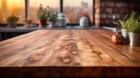Wooden tabletop over defocused kitchen background , Generate Aiの素材