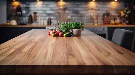 Wooden tabletop over defocused kitchen background , Generate Aiの素材