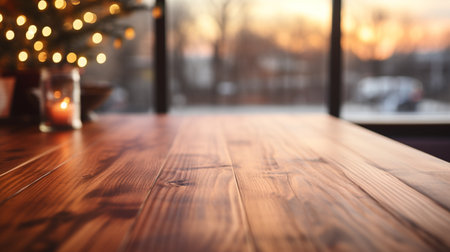 Wooden tabletop over defocused kitchen background , Generate Aiの素材