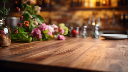 Wooden tabletop over defocused kitchen background , Generate Aiの素材