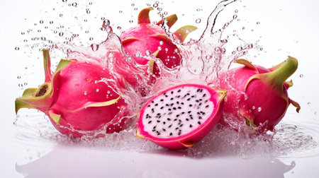 dragon fresh  ripe dragon fruits , splash water , white background , Generate Aiの素材