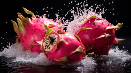 dragon fresh  ripe dragon fruits , splash water , white background , Generate Aiの素材