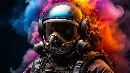 Helmet realistic astronot , with glasess rainbow color smoke spash background , cyberpunk mode color , Generate AIの素材