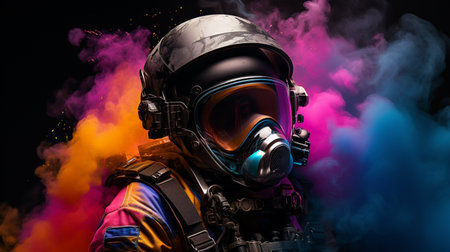 Helmet realistic astronot , with glasess rainbow color smoke spash background , cyberpunk mode color , Generate AIの素材