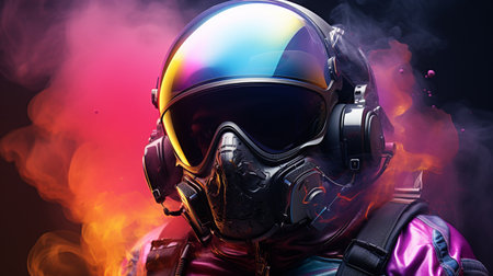 Helmet realistic astronot , with glasess rainbow color smoke spash background , cyberpunk mode color , Generate AIの素材