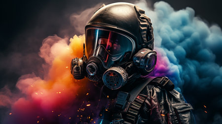 Helmet realistic astronot , with glasess rainbow color smoke spash background , cyberpunk mode color , Generate AIの素材