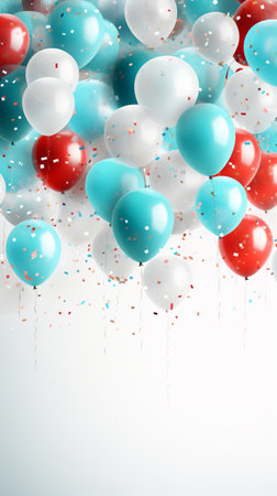 Holiday balloons and confetti flying on white background , Generate AIの素材