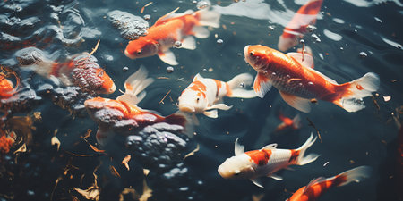 High angle view of koi carp swimming in aquarium,Romania photo top view koi fishes,  Generate AIの素材