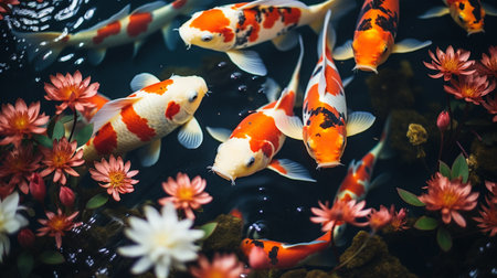 High angle view of koi carp swimming in aquarium,Romania photo top view koi fishes,  Generate AIの素材