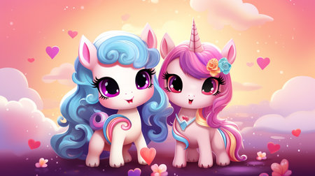 Cartoon couple love unicorns colorful background , Generate AIの素材