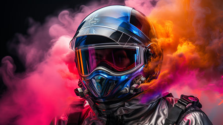 Helmet realistic astronot , with glasess rainbow color smoke spash background , cyberpunk mode color , Generate AIの素材