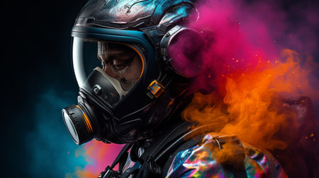 Helmet realistic astronot , with glasess rainbow color smoke spash background , cyberpunk mode color , Generate AIの素材