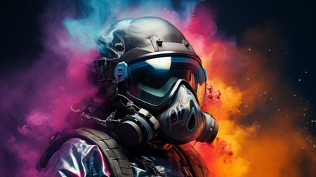 Helmet realistic astronot , with glasess rainbow color smoke spash background , cyberpunk mode color , Generate AIの素材