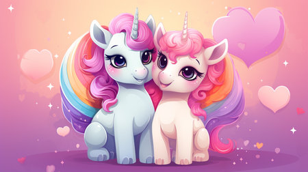 Cartoon couple love unicorns colorful background , Generate AIの素材