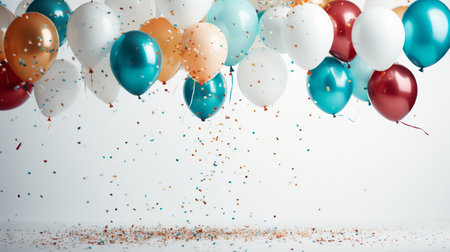 Holiday balloons and confetti flying on white background , Generate AIの素材