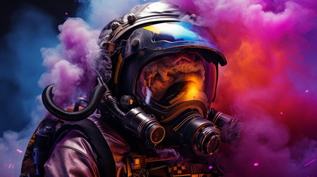 Helmet realistic astronot , with glasess rainbow color smoke spash background , cyberpunk mode color , Generate AIの素材