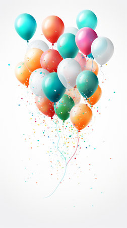 Holiday balloons and confetti flying on white background , Generate AIの素材