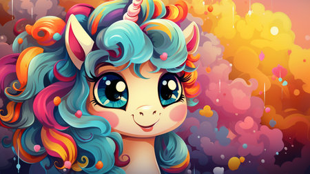 Cartoon couple love unicorns colorful background , Generate AIの素材