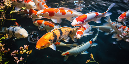 High angle view of koi carp swimming in aquarium,Romania photo top view koi fishes,  Generate AIの素材