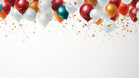 Holiday balloons and confetti flying on white background , Generate AIの素材
