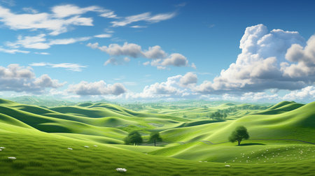 Hills, green grass and sunflower plants, beautiful and cloudy, Generate AIの素材