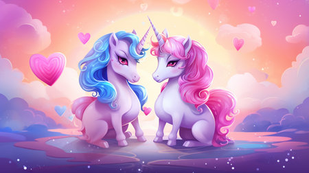 Cartoon couple love unicorns colorful background , Generate AIの素材