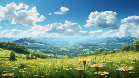 Hills, green grass and sunflower plants, beautiful and cloudy, Generate AIの素材