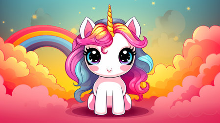 Cartoon couple love unicorns colorful background , Generate AIの素材