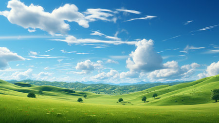 Hills, green grass and sunflower plants, beautiful and cloudy, Generate AIの素材