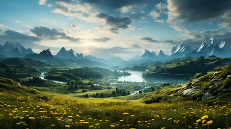 Hills, green grass and sunflower plants, beautiful and cloudy, Generate AIの素材