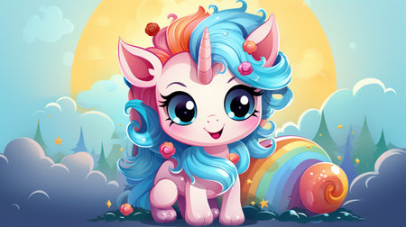 Cartoon couple love unicorns colorful background , Generate AIの素材