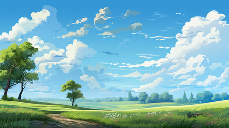 Blue sky and cloud with meadow tree. Plain landscape background for summer poster. Generate AIの素材