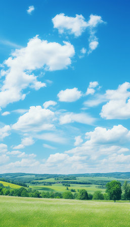 Blue sky and cloud with meadow tree. Plain landscape background for summer poster. Generate AIの素材