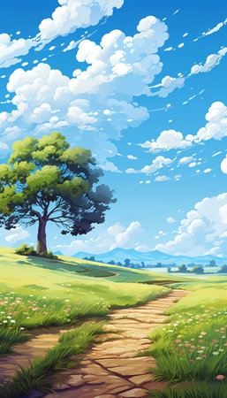 Blue sky and cloud with meadow tree. Plain landscape background for summer poster. Generate AIの素材