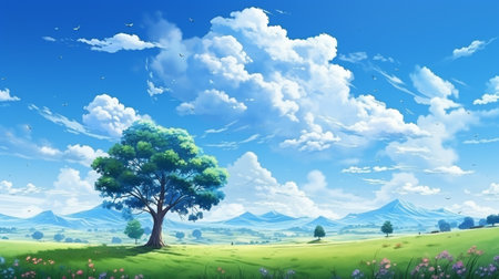 Blue sky and cloud with meadow tree. Plain landscape background for summer poster. Generate AIの素材