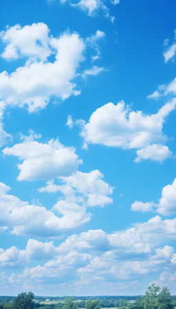Blue sky and cloud with meadow tree. Plain landscape background for summer poster. Generate AIの素材
