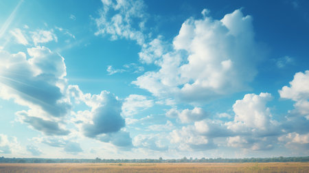 Blue sky and cloud with meadow tree. Plain landscape background for summer poster. Generate AIの素材