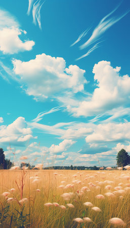 Blue sky and cloud with meadow tree. Plain landscape background for summer poster. Generate AIの素材