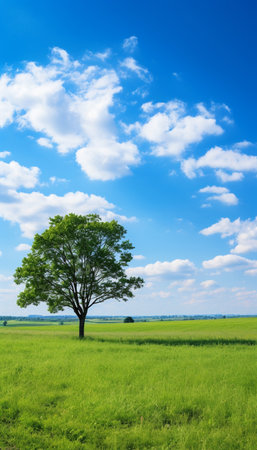 Blue sky and cloud with meadow tree. Plain landscape background for summer poster. Generate AIの素材