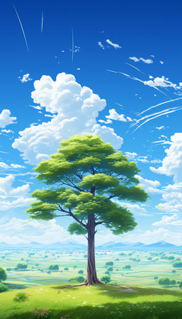Blue sky and cloud with meadow tree. Plain landscape background for summer poster. Generate AIの素材